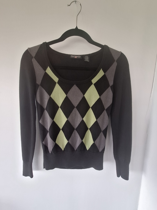 Polo Ralph Lauren Sweaters - VTG Polo Jeans Co. Ralph Lauren Argyle Scoop Neck Sweater Black Grey Lime Green
